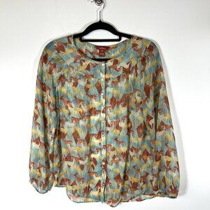 Sundance 100% Silk Deer Print Button Up‎ Blouse Top Blue Size XS Boho Western